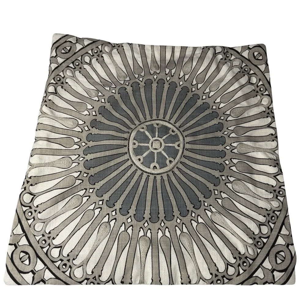 Crate & Barrel 20” x 20” Pillow Cover Embroidered Zipper Medallion Grey Beige